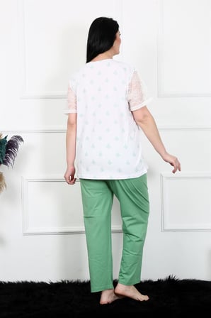 Moda Çizgi Kadın 5XL-6XL-7XL-8XL Büyük Beden Kısa Kol Pijama Takım 75001 Beyaz