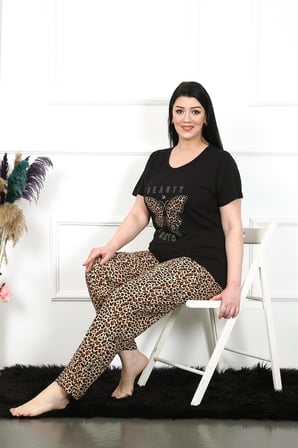 Moda Çizgi Kadın Büyük Beden Kısa Kol Pijama Takım 202203 Siyah