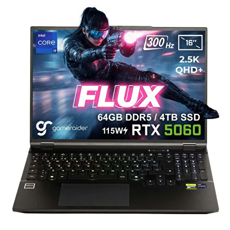 GameRaider FLUX GR16 Intel Core i9-14900HX 64GB DDR5 4TB SSD RTX 5060 8GB 115W 16 inç 2.5K QHD+ 300Hz FreeDos Gaming Laptop