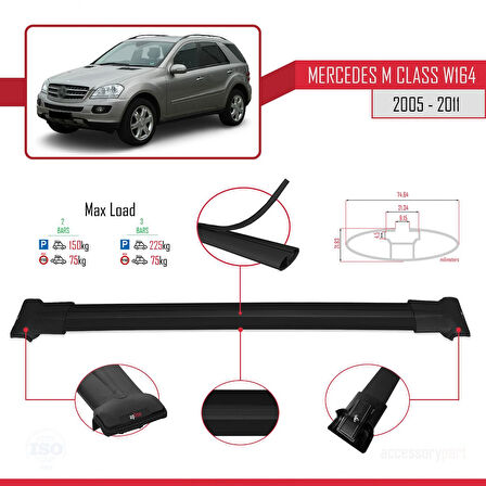 Mercedes M Class 2 (W164) 2005-2011 Arası ile Uyumlu FLY Model Ara Atkı Tavan Barı Siyah 2 Adet