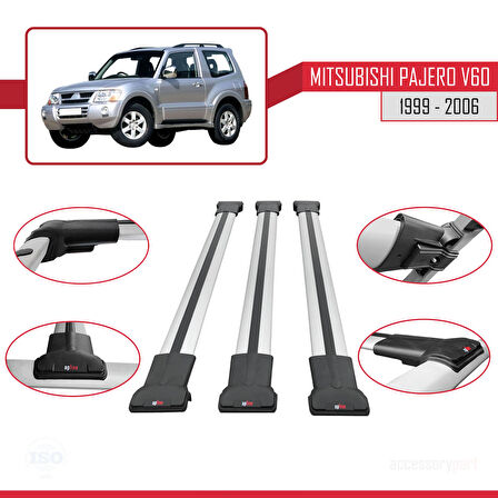 Mitsubishi Pajero (V60) 3 Kapı 1999-2006 Arası ile Uyumlu FLY Model Ara Atkı Tavan Barı Gri 3 Adet