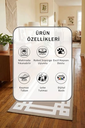 Yıkanabilir Kaymaz Klasik Vizon Beyaz Dijital Baskılı Yolluk Halı Tüy Tutmaz Beyaz Vizon