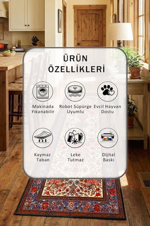 A 16 Siyah Yıkanabilir Kaymaz Taban Dijital Baskılı Mutfak Halısı