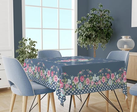 AnnaHome Linens Masa Örtüsü İndigo Mavi Gül Desenli 150 x 150 cm Polyester