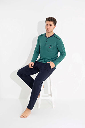 Guava Erkek 3 Düğmeli %100 Pamuk Göğüs Cepli Mevsimlik Uzun Kol Cepli Pijama Takımı