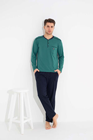 Guava Erkek 3 Düğmeli %100 Pamuk Göğüs Cepli Mevsimlik Uzun Kol Cepli Pijama Takımı