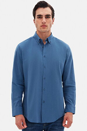 D'S Damat Ds Damat Comfort Indigo Düğmeli Yaka Rahat Kesim Keten Görünümlü  Pamuk Gömlek 2HC02ORT64265