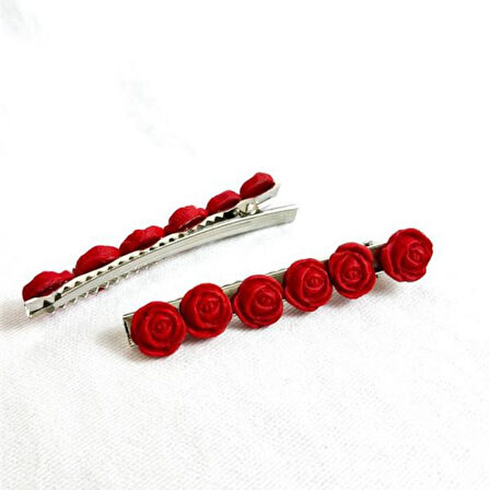 Uretti - Hülya 6683 9650 El Yapımı Minik Gül Desenli Polimer Kil 2’li Set Yan Saç Tokası / 7.5 cm