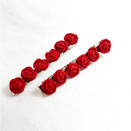 Uretti - Hülya 6683 9650 El Yapımı Minik Gül Desenli Polimer Kil 2’li Set Yan Saç Tokası / 7.5 cm