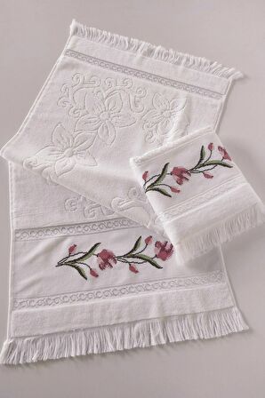Sevim Kanaviçe Nakışlı Güllü Kadife El Yüz Havlusu Seti-2'li - 50x90 Cm- Beyaz