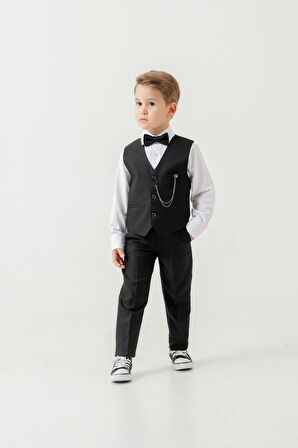 Erkek Çocuk Yelekli Slim Fit Takım Elbise – 4 Parça (Yelek, Pantolon, Gömlek, Papyon) TE.7026