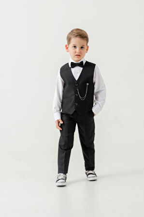 Erkek Çocuk Yelekli Slim Fit Takım Elbise – 4 Parça (Yelek, Pantolon, Gömlek, Papyon) TE.7026