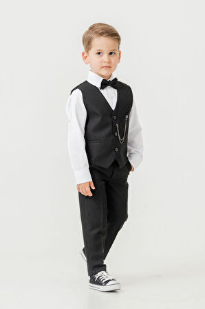 Erkek Çocuk Yelekli Slim Fit Takım Elbise – 4 Parça (Yelek, Pantolon, Gömlek, Papyon) TE.7026