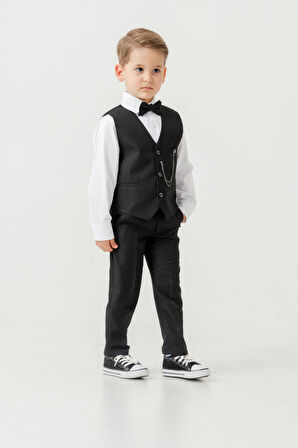 Erkek Çocuk Yelekli Slim Fit Takım Elbise – 4 Parça (Yelek, Pantolon, Gömlek, Papyon) TE.7026