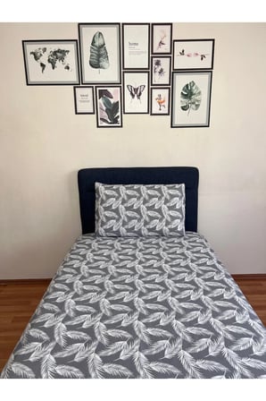 Fitted Lastikli Çarşaf Takımı (YASTIKLI) Tek Kişilik Çift Kişilik Tüy Desen Gri Beyaz