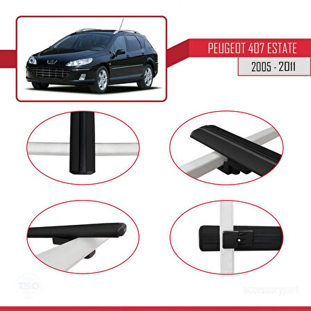 Peugeot 407 SW 2005-2011 Arası ile Uyumlu BASIC Model Ara Atkı Tavan Barı Siyah 2 Adet