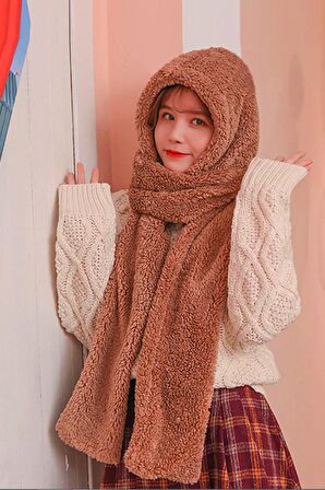 Scarf Kahve Kapşonlu Kadın Peluş Bere Atkı Kadın Welsoft Polar Boyunluk Şalı Rüzgar Geçirmez Şapka