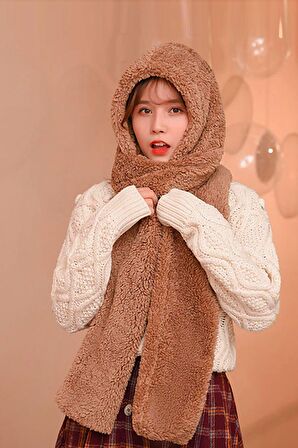 Scarf Kahve Kapşonlu Kadın Peluş Bere Atkı Kadın Welsoft Polar Boyunluk Şalı Rüzgar Geçirmez Şapka