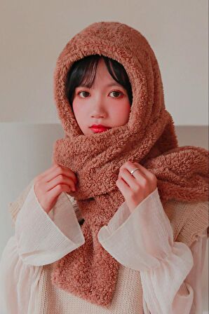 Scarf Kahve Kapşonlu Kadın Peluş Bere Atkı Kadın Welsoft Polar Boyunluk Şalı Rüzgar Geçirmez Şapka