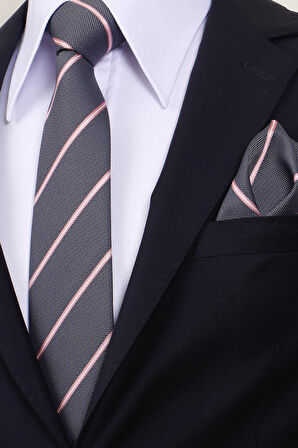 Esgue 8 cm Gri Pembe Çizgili Hand Made Klasik Geniş Mendilli Kravat 