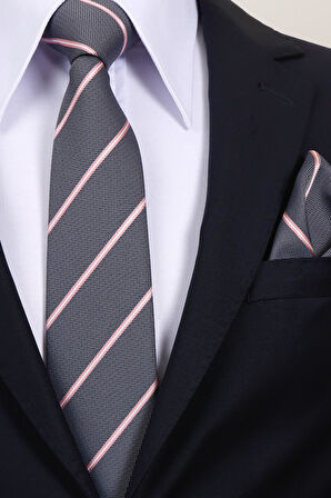 Esgue 8 cm Gri Pembe Çizgili Hand Made Klasik Geniş Mendilli Kravat 