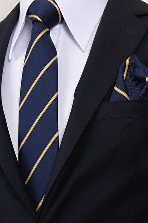 Esgue 8 cm Sarı Lacivert Çizgili Hand Made Klasik Geniş Mendilli Kravat 