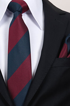 Esgue 8 cm Bordo Lacivert Parçalı Desen Hand Made Klasik Geniş Mendilli Kravat 