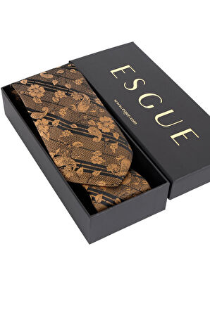 Esgue 8 cm Gold Siyah Çiçek Desenli Hand Made Klasik Geniş Mendilli Kravat 