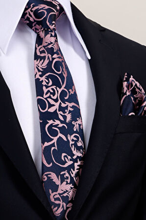 Esgue 8 cm Lacivert Pembe Desenli Hand Made Klasik Geniş Mendilli Kravat 