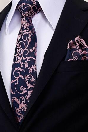 Esgue 8 cm Lacivert Pembe Desenli Hand Made Klasik Geniş Mendilli Kravat 