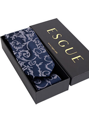 Esgue 8 cm Lacivert Gri Desenli Hand Made Klasik Geniş Mendilli Kravat 