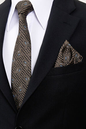 Esgue 8 cm Kahverengi Mavi Şal Desen Hand Made Klasik Geniş Mendilli Kravat 