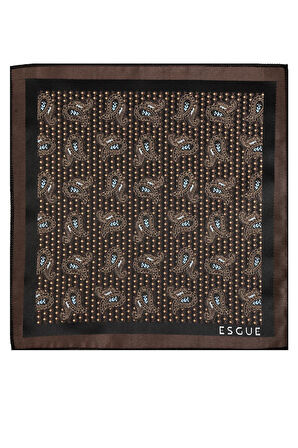 Esgue 8 cm Kahverengi Mavi Şal Desen Hand Made Klasik Geniş Mendilli Kravat 