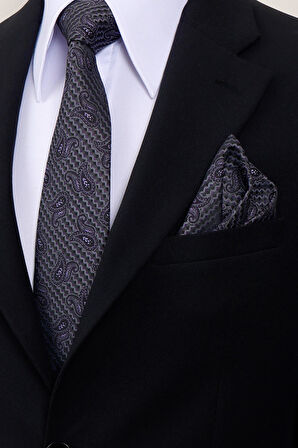 Esgue 8 cm Mor Gri Şal Desen Hand Made Klasik Geniş Mendilli Kravat 