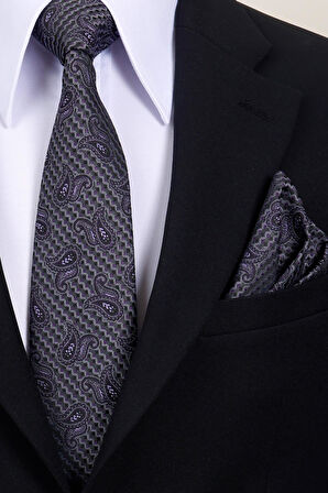 Esgue 8 cm Mor Gri Şal Desen Hand Made Klasik Geniş Mendilli Kravat 