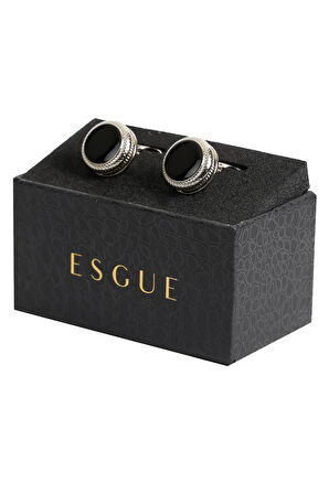 Esgue Gümüş Renk Siyah Mineli Yuvarlak Kol Düğmesi KD:7505