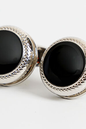 Esgue Gümüş Renk Siyah Mineli Yuvarlak Kol Düğmesi KD:7505