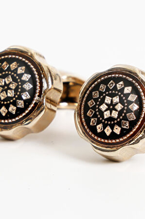 Esgue Gold Renk Siyah Yuvarlak Desenli Kol Düğmesi KD:7402