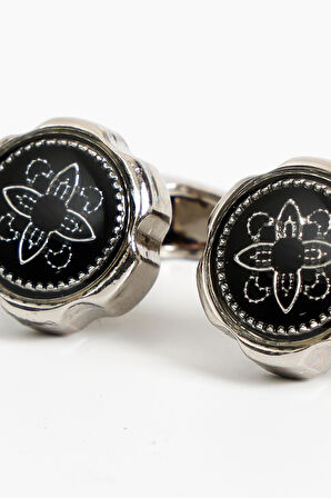 Esgue Gümüş Renk Siyah Yuvarlak Desenli Kol Düğmesi KD:7002