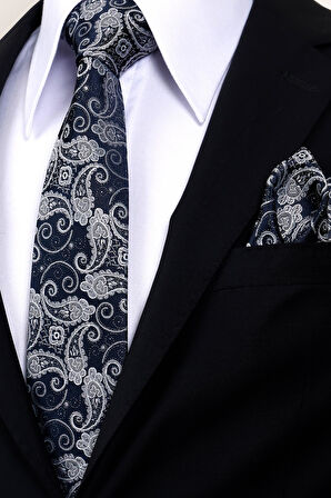 Esgue 8 Cm Hand Made Lacivert - Gri Şal Desen Mendilli Kravat