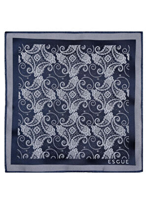 Esgue 8 Cm Hand Made Lacivert - Gri Şal Desen Mendilli Kravat