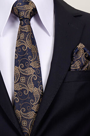 Esgue 8 Cm Hand Made Lacivert - Bej Şal Desen Mendilli Kravat