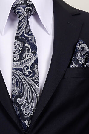 Esgue 8 Cm Hand Made Lacivert - Gri Desenli Mendilli Kravat