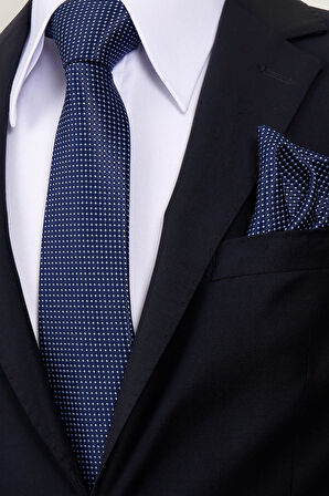 Esgue 8 Cm Hand Made Lacivert - Mavi Nokta Desenli Mendilli Kravat