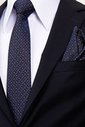 Esgue 8 Cm Hand Made Kahverengi - Lacivert Motif Desen Mendilli Kravat