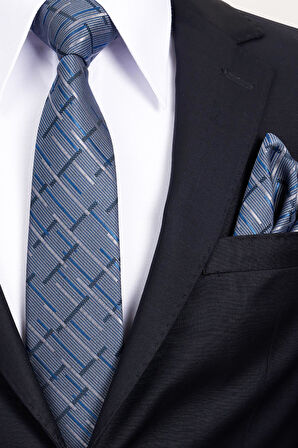 Esgue 8 Cm Klasik Geniş Hand Made Lacivert - Gri Çizgili Desen Mendilli Kravat