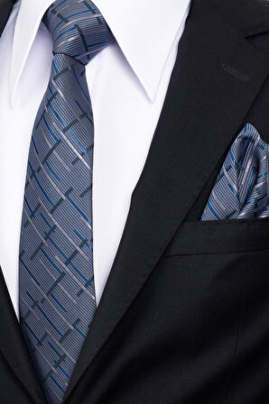 Esgue 8 Cm Klasik Geniş Hand Made Lacivert - Gri Çizgili Desen Mendilli Kravat