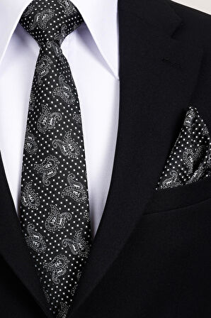 Esgue 8 Cm Klasik Geniş Hand Made Siyah - Beyaz Şal Desen Mendilli Kravat