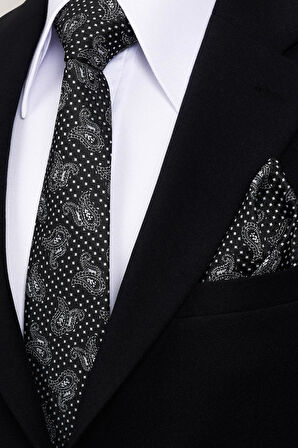 Esgue 8 Cm Klasik Geniş Hand Made Siyah - Beyaz Şal Desen Mendilli Kravat