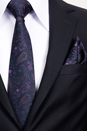Esgue 8 Cm Klasik Geniş Hand Made Lacivert - Mor Şal Desen Mendilli Kravat